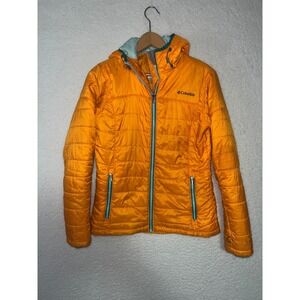 Columbia Omni-Heat Interchange Puffer Jacket Mens Small Orange Hooded Insulated